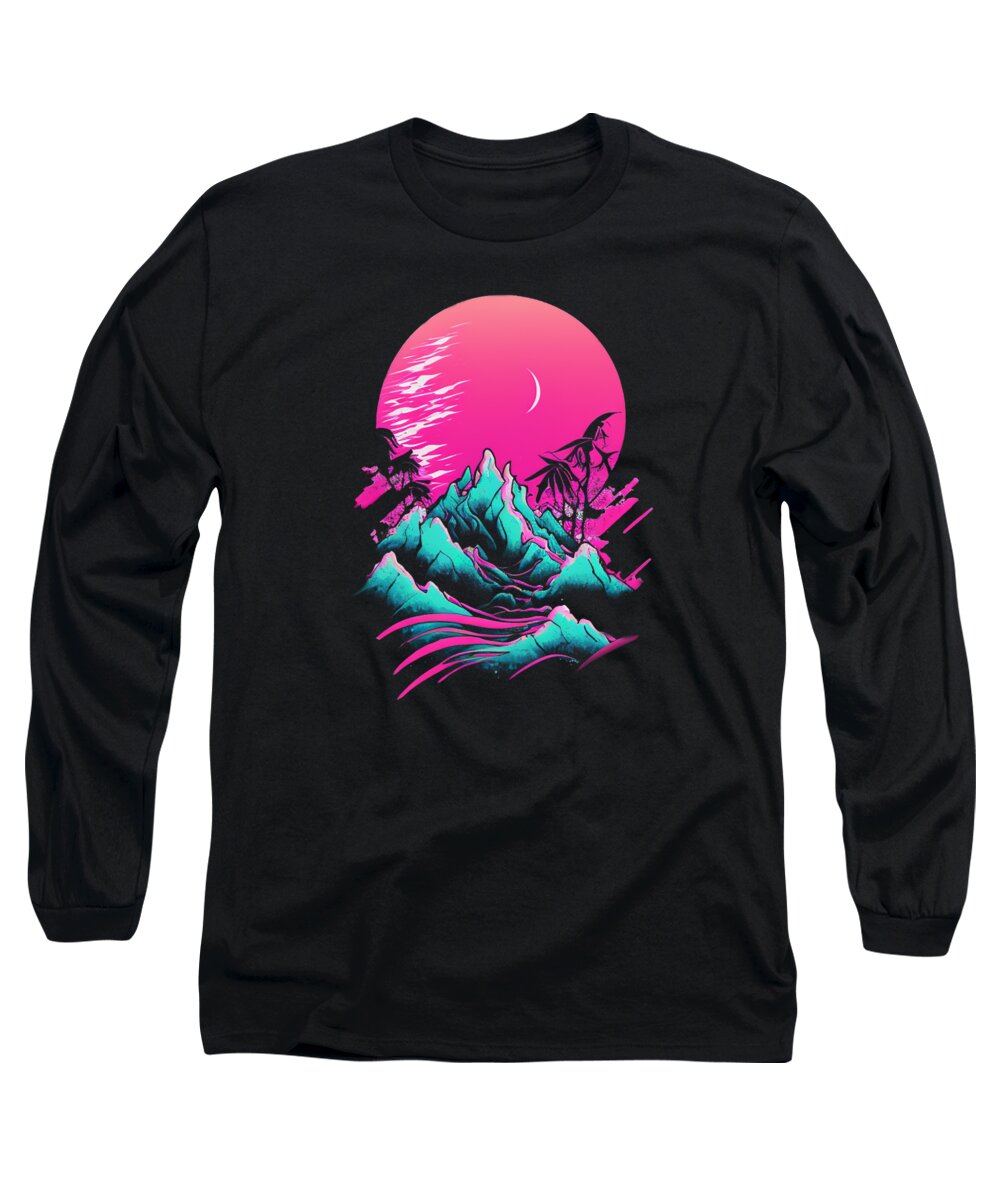 Vaporwave Long Sleeve T-Shirt featuring the digital art Vaporwave Abstract Landscape Moon Tree Waterfall Blue Purple #5 by Toms Tee Store