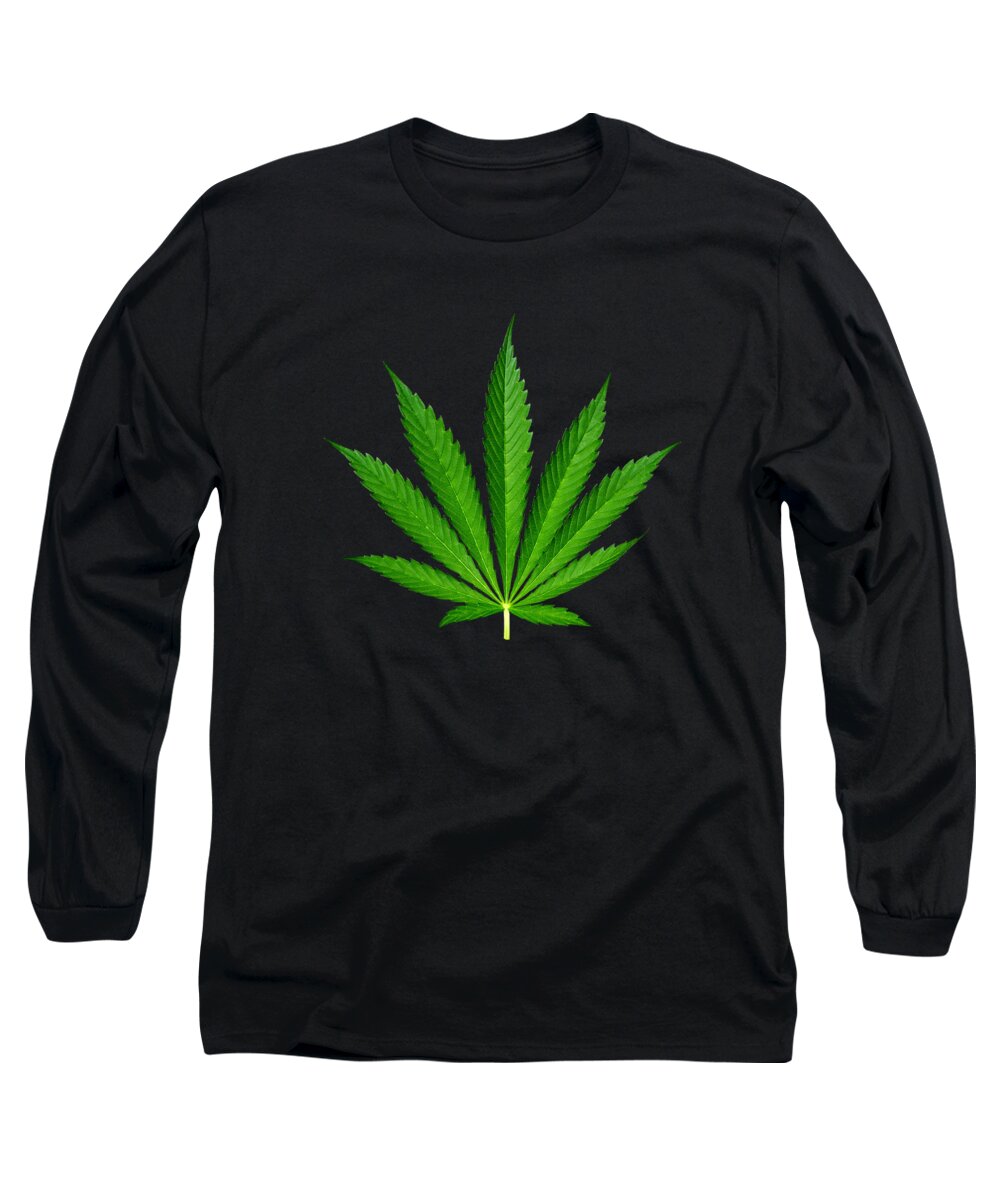 Cannabis Long Sleeve T-Shirt featuring the photograph 9-Point Cannabis Leaf Black Background by Luke Moore