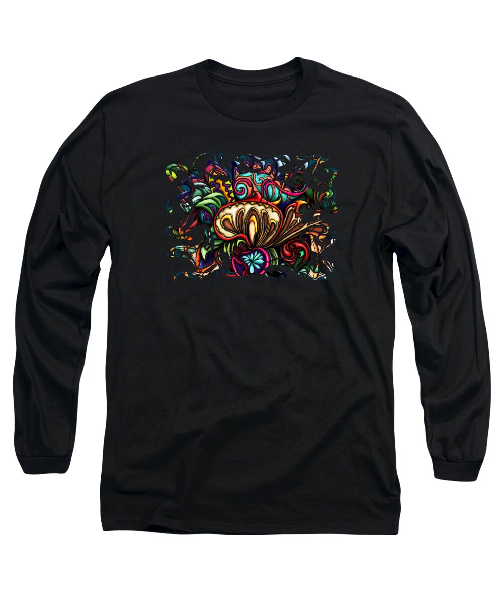 Mushroom Long Sleeve T-Shirt featuring the painting Abstract chameleon on red mushrooms, swirly colorful by Nadia CHEVREL
