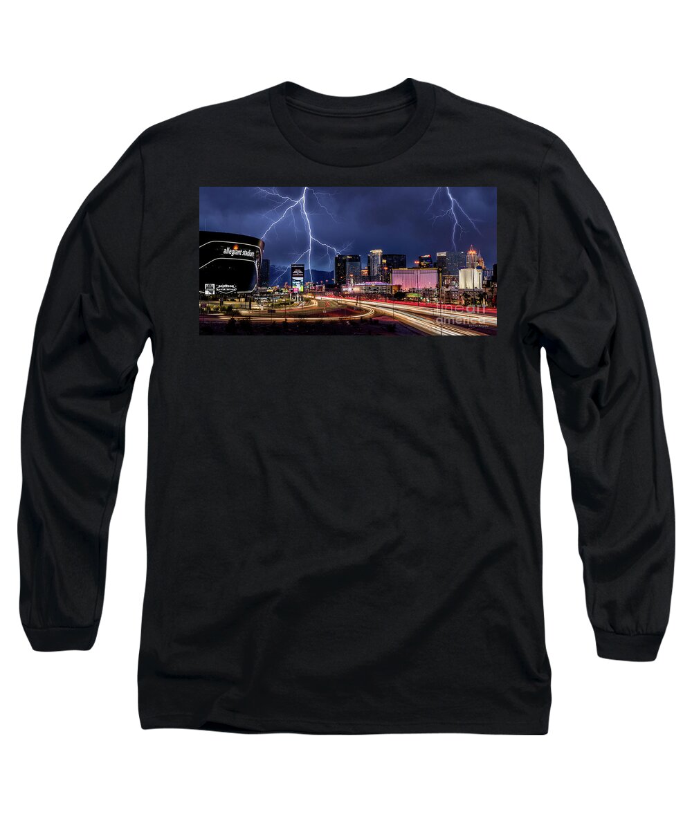Allegiant Stadium Long Sleeve T-Shirt featuring the photograph Allegiant Stadium and the Las Vegas Strip Thunderstorm 2 to 1 Ratio by Aloha Art