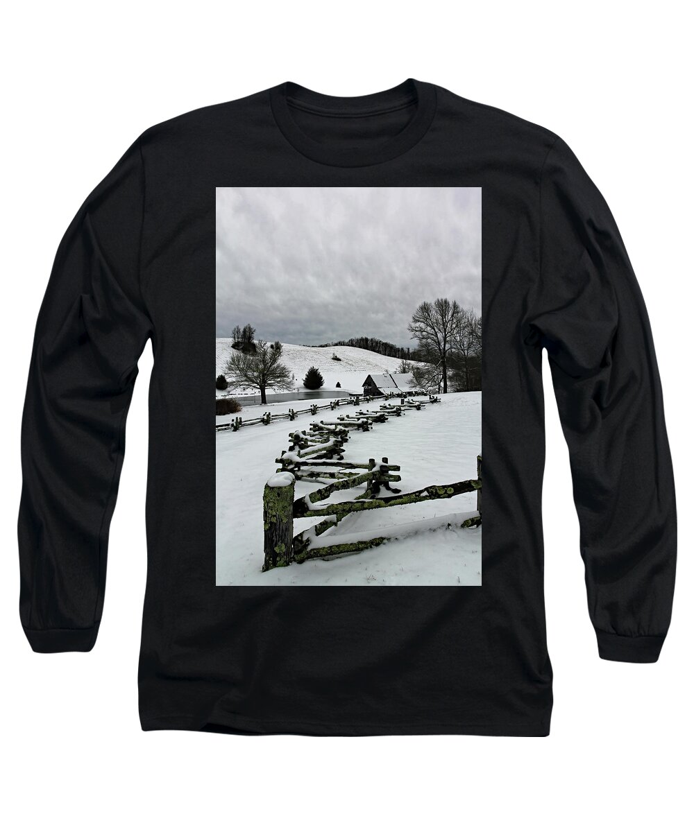 Farmstead Long Sleeve T-Shirt featuring the photograph Along the Locust Rails in Winter by Jennifer Robin