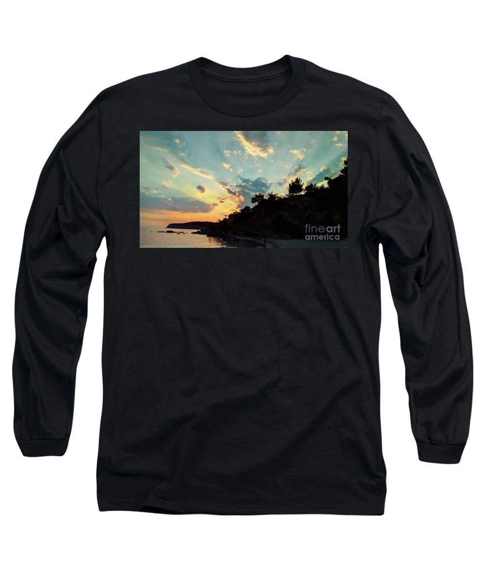 Sunset Long Sleeve T-Shirt featuring the photograph Amazing sunset over a black cliff by Leonida Arte