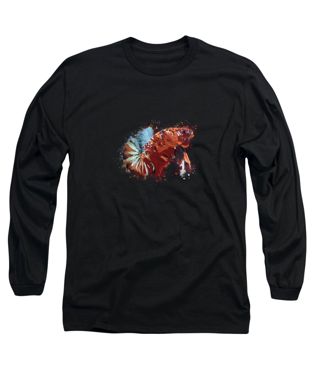 Artistic Long Sleeve T-Shirt featuring the digital art Artistic Brown Multicolor Betta Fish by Sambel Pedes