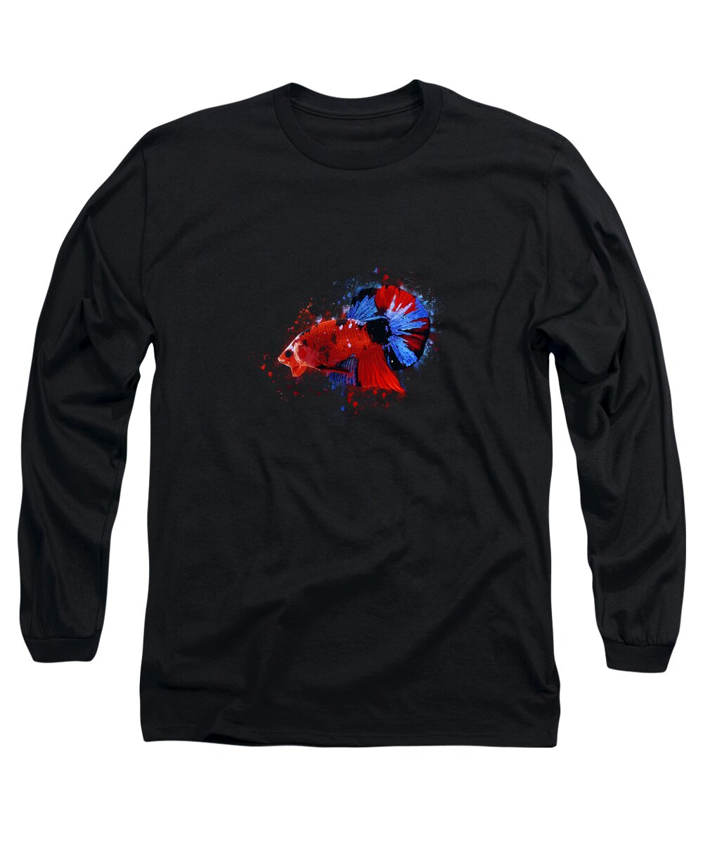 Artistic Long Sleeve T-Shirt featuring the digital art Artistic Red Koi Betta Fish by Sambel Pedes