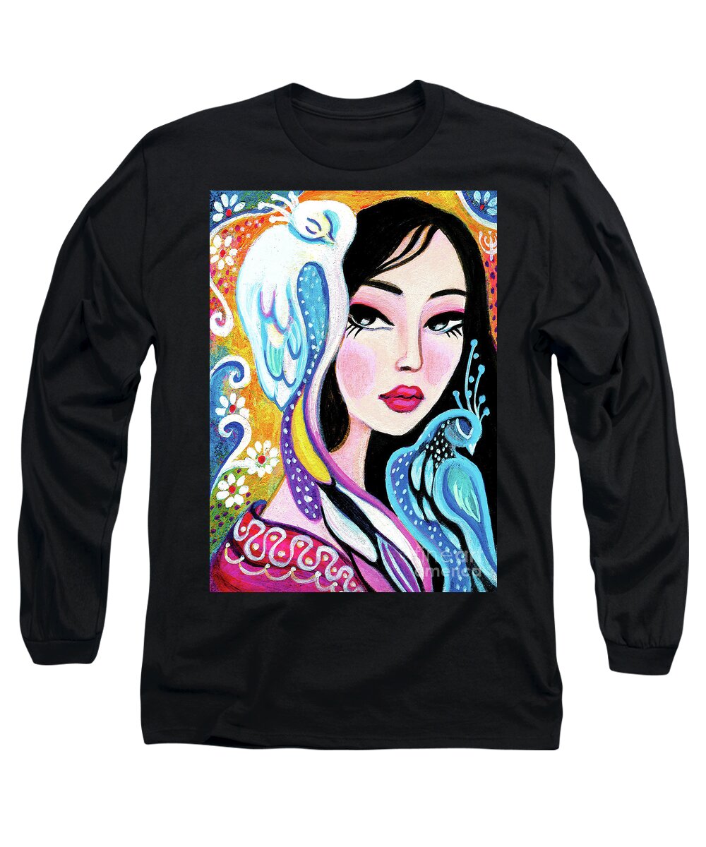 Woman And Parrot Long Sleeve T-Shirt featuring the painting Asian Bird by Eva Campbell