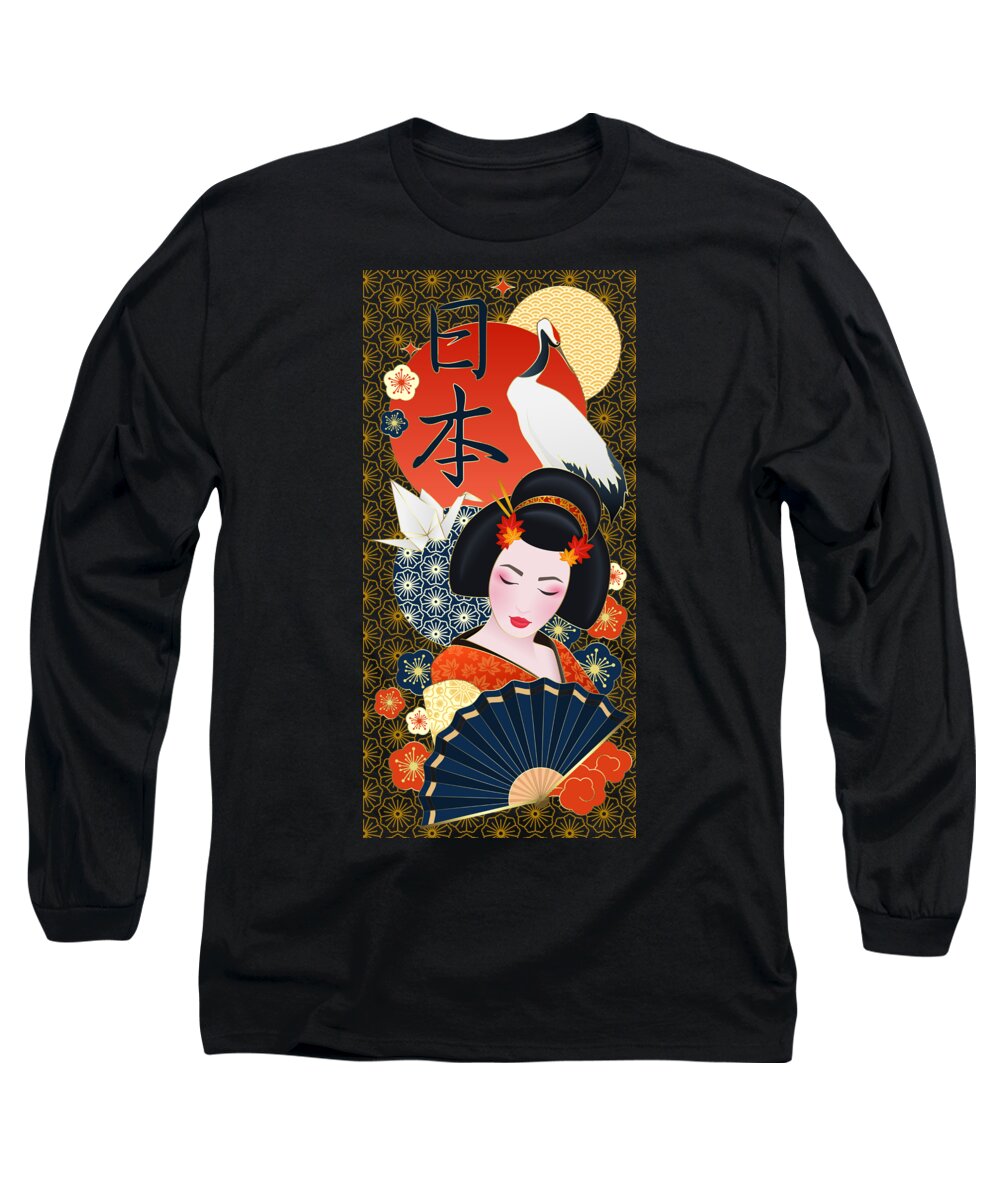 Woman Long Sleeve T-Shirt featuring the painting Asian Japan Japanese Fish Cow Pond Zen Geisha by Tony Rubino