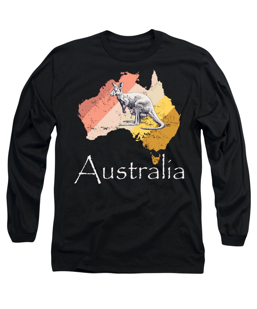 Sydney Skyline Long Sleeve T-Shirt featuring the digital art Australia Wallabies Kangaroo Vintage Travel Retro Gift Australian Metropolis Of Cultural Fusion by DNT Prints