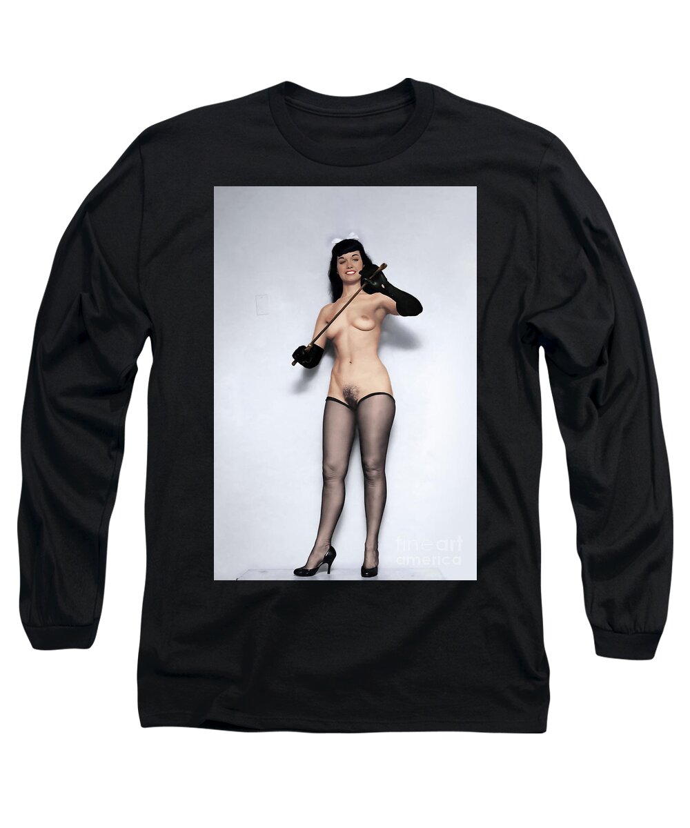 Bettie Page Long Sleeve T-Shirt featuring the digital art Bettie Will Punish You by Franchi Torres