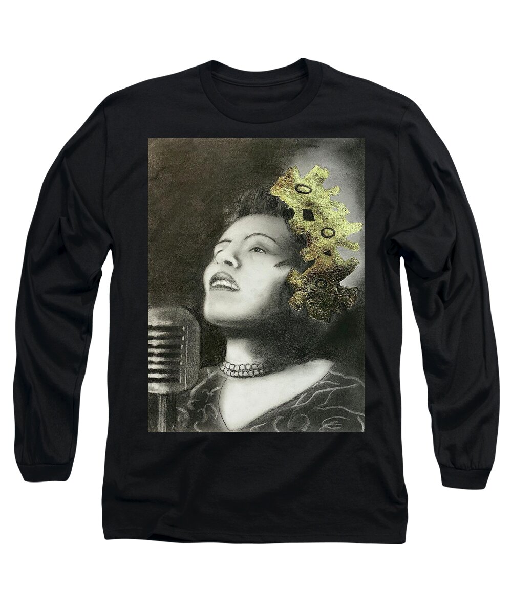 Billie Holiday Long Sleeve T-Shirt featuring the drawing Billie Holiday by Nadija Armusik