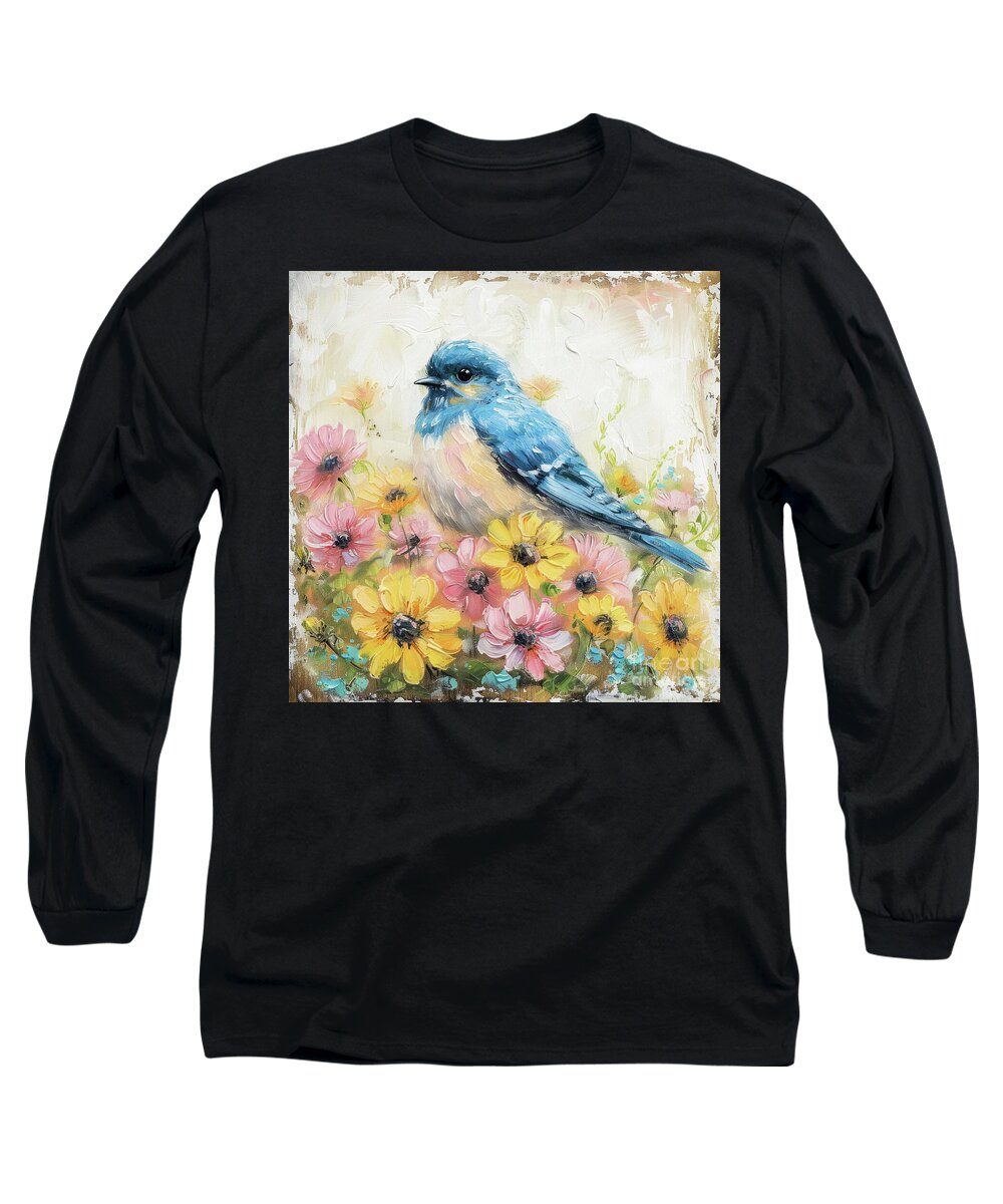  Bluebird Long Sleeve T-Shirt featuring the painting Bluebird In The Daisies by Tina LeCour