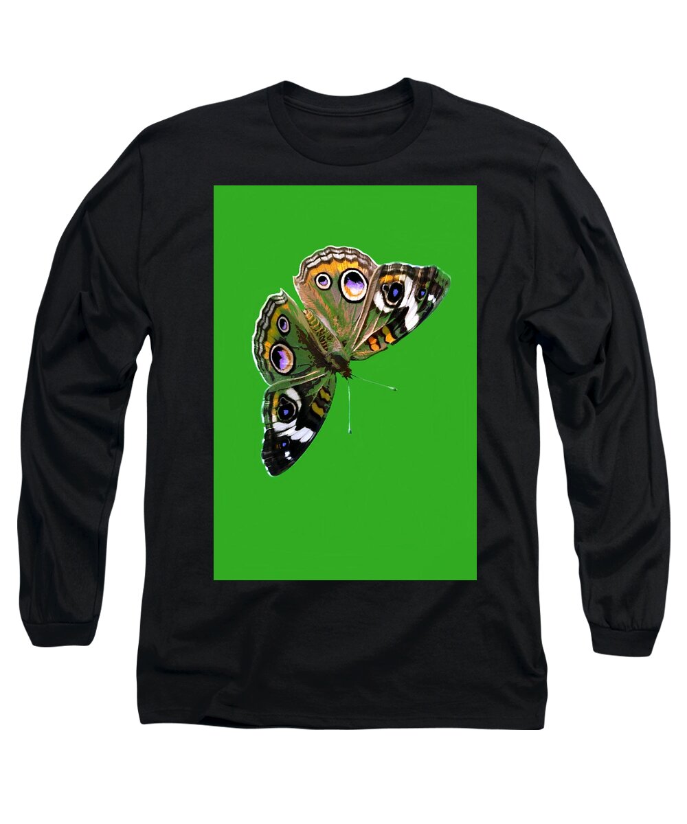 Nature Long Sleeve T-Shirt featuring the mixed media Buckeye Butterfly by Judy Cuddehe
