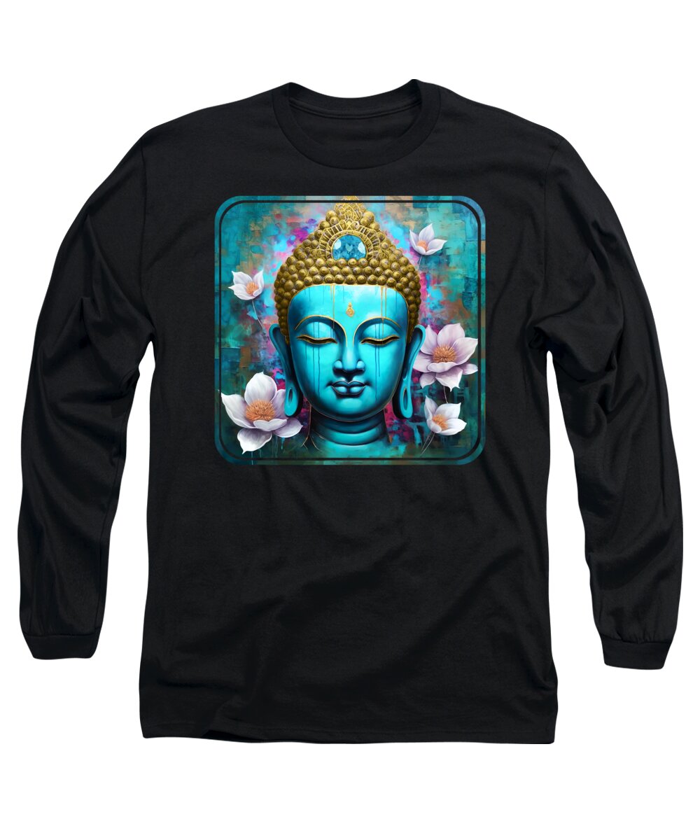Buddha Long Sleeve T-Shirt featuring the painting Buddha Face Lotus 1 by Mark Ashkenazi