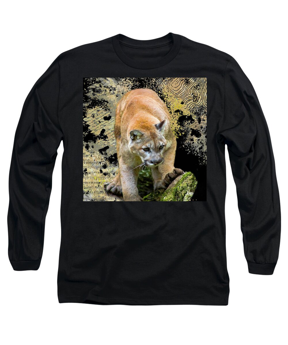 Mountain Cougar Long Sleeve T-Shirt featuring the mixed media Cat Rhapsody by Nancy Merkle