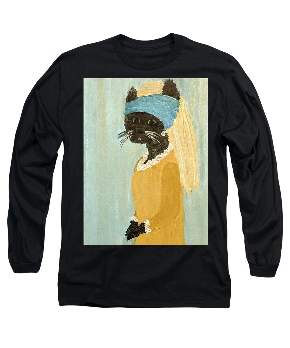 Cat Long Sleeve T-Shirt featuring the painting Cat with a Purrl Earring by Misty Morehead