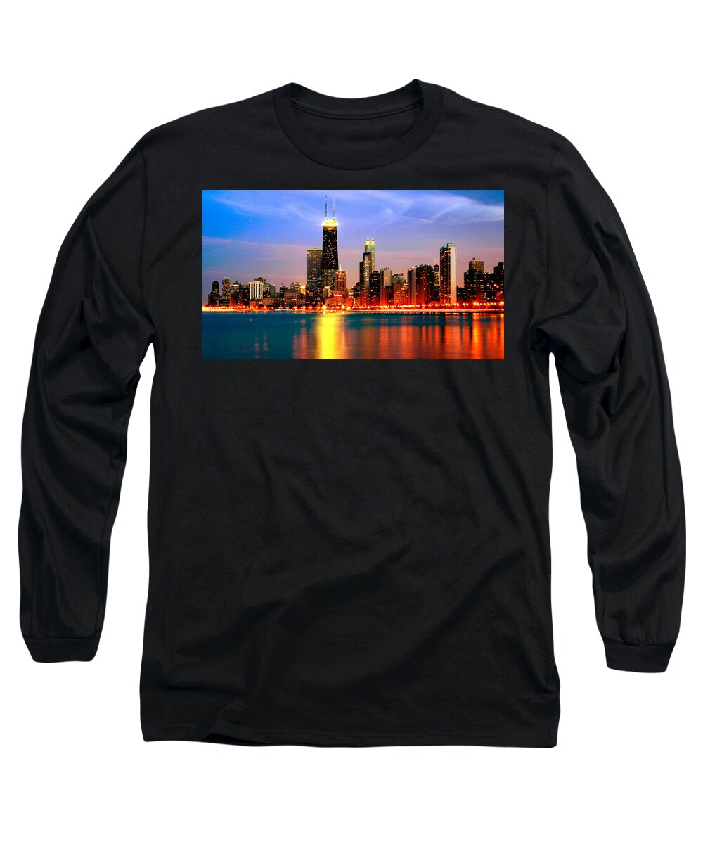 Architecture Long Sleeve T-Shirt featuring the photograph Chicago Dusk Skyline Red by Patrick Malon