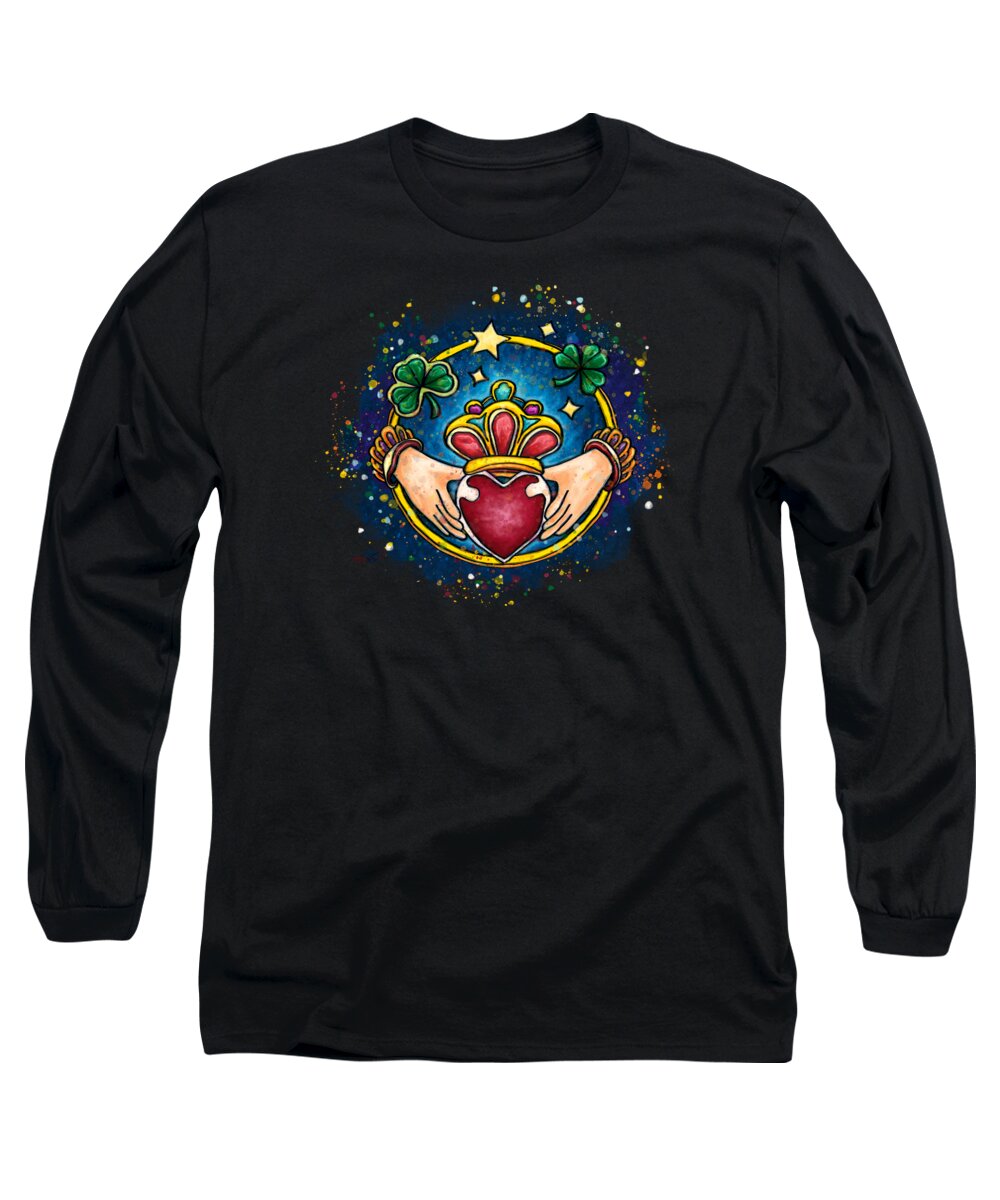 Claddagh Long Sleeve T-Shirt featuring the painting Claddagh ring on black background, Ireland engagement ring by Nadia CHEVREL