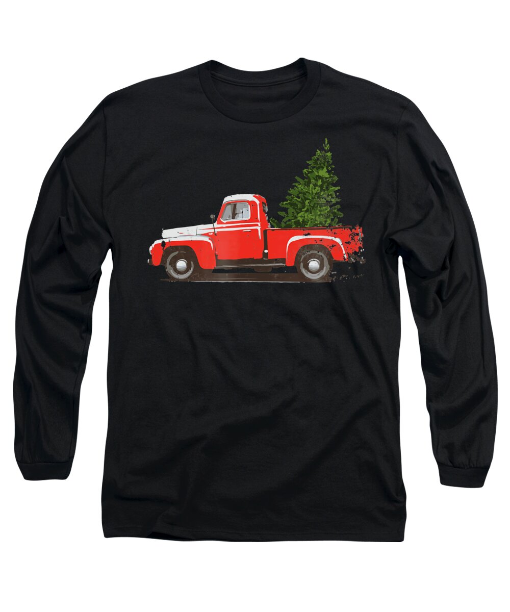 Classic Long Sleeve T-Shirt featuring the drawing Classic Pickup Truck Christmas Tree Retro Car Lover Shirt by Julien