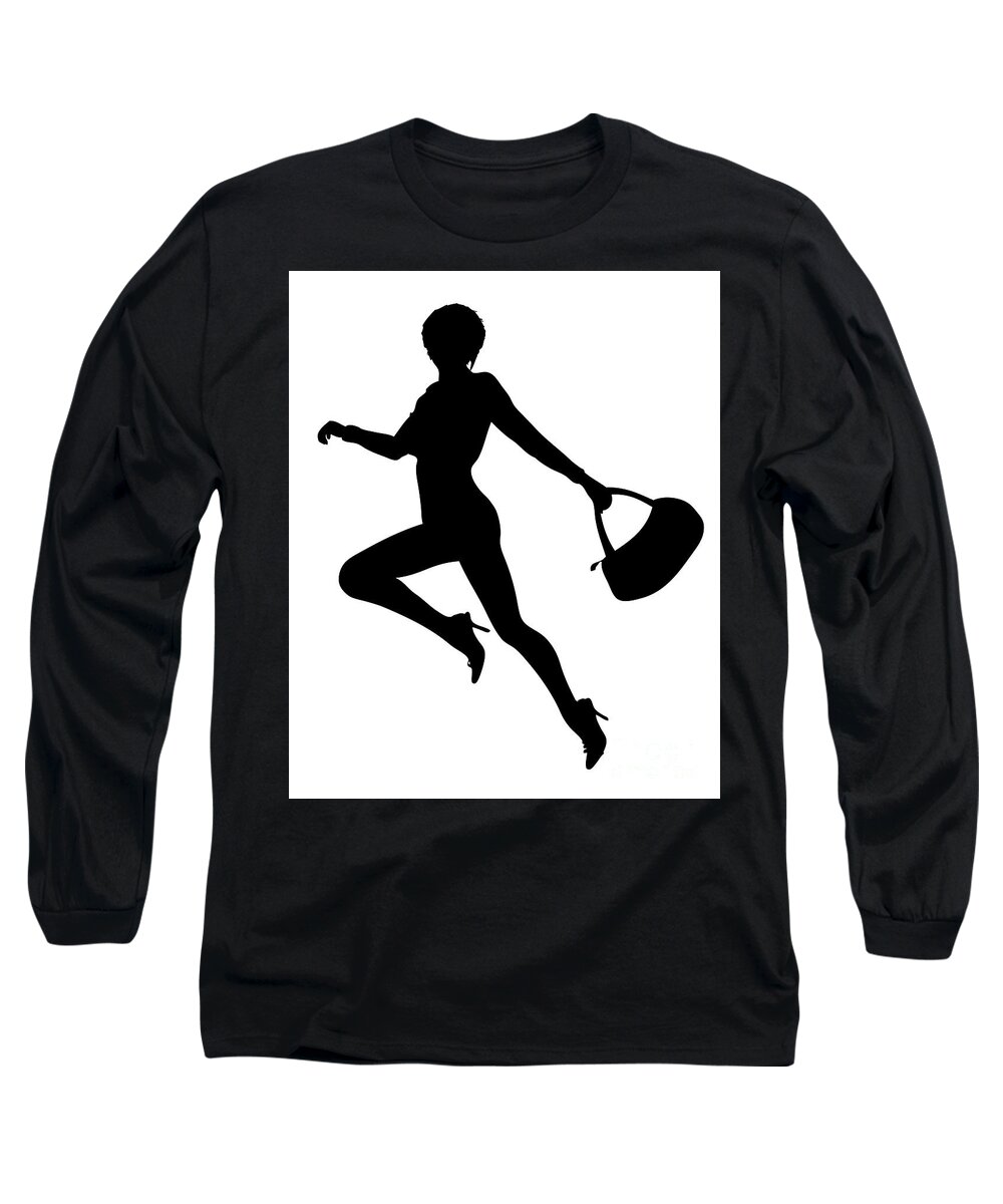 Black And White Long Sleeve T-Shirt featuring the digital art Dancing Lady with Purse by Pete Klinger