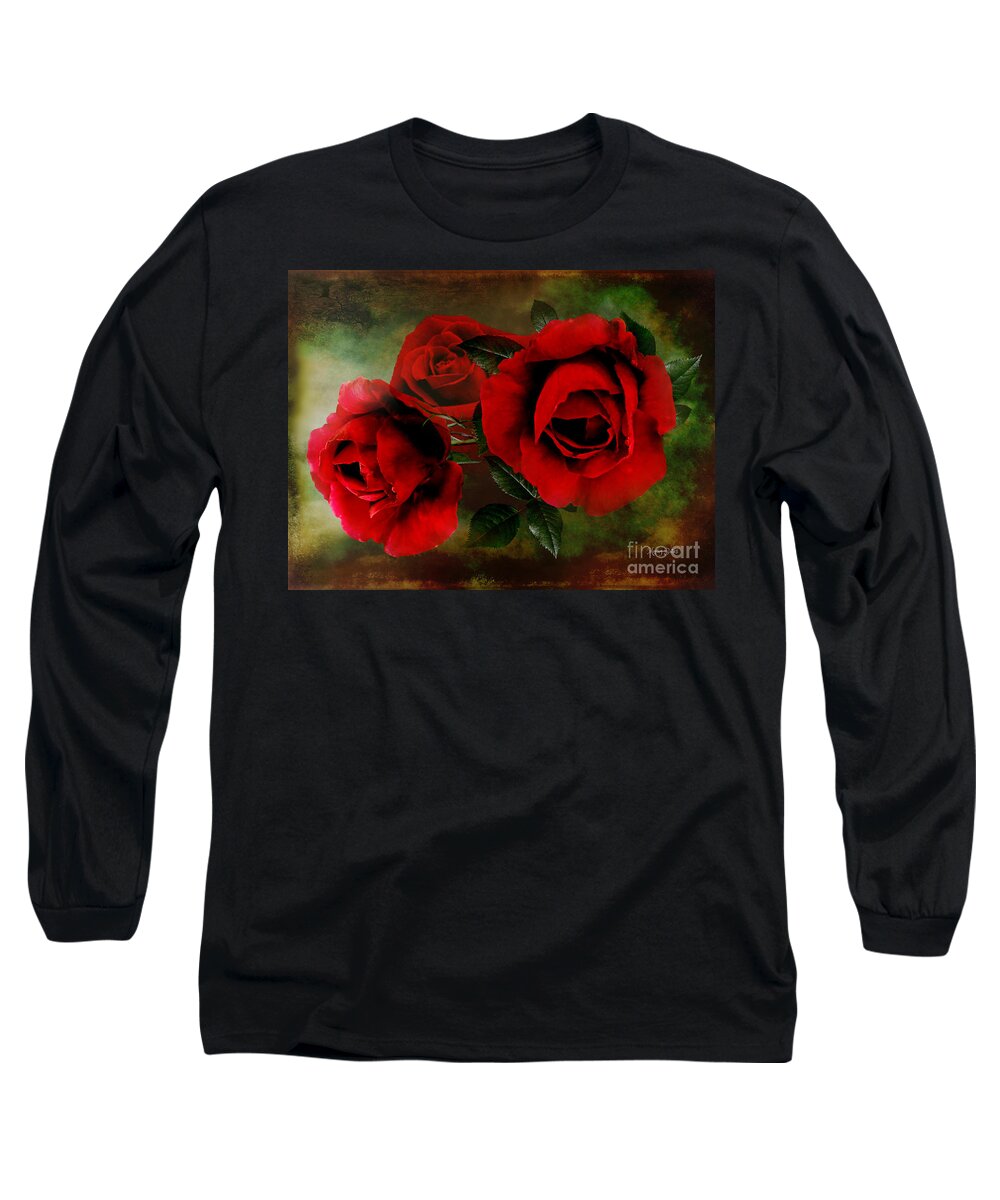 Red Roses Long Sleeve T-Shirt featuring the digital art Deep Red Rose Trio by Morag Bates