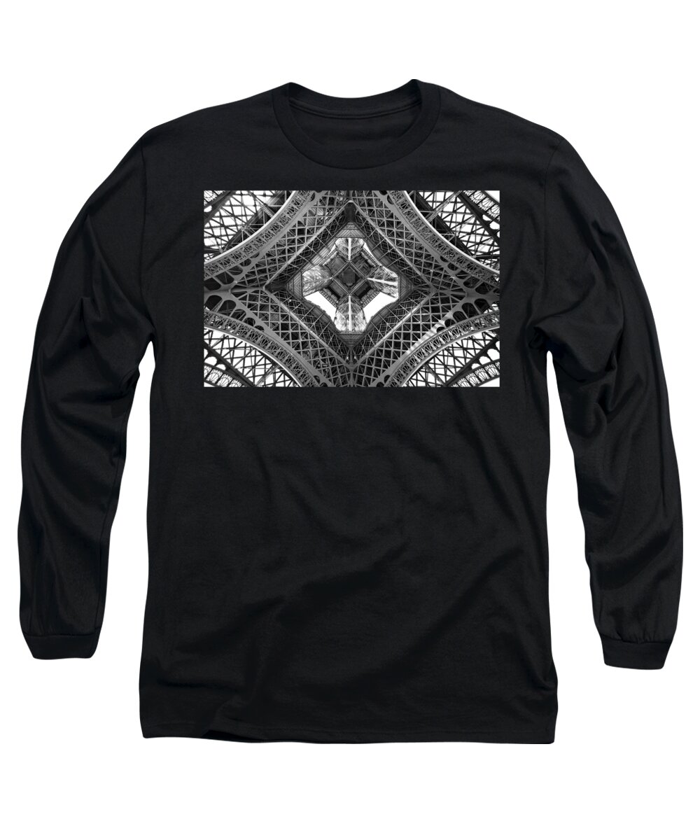 Paris Long Sleeve T-Shirt featuring the photograph Eiffel tower abstract, view from below by Delphimages Paris Photography