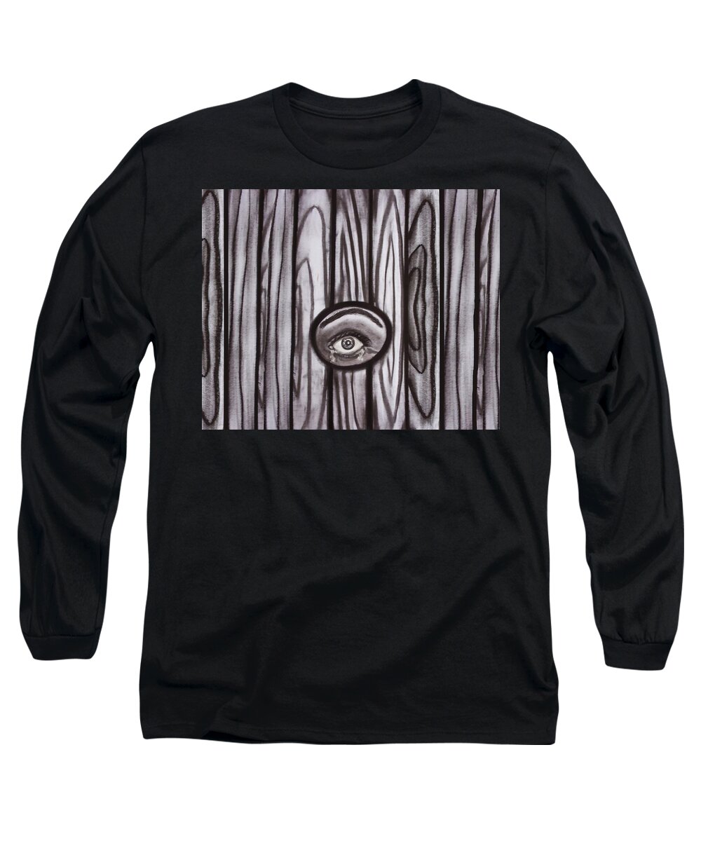 Eye Long Sleeve T-Shirt featuring the drawing Fear - Eye through fence by Joan Stratton
