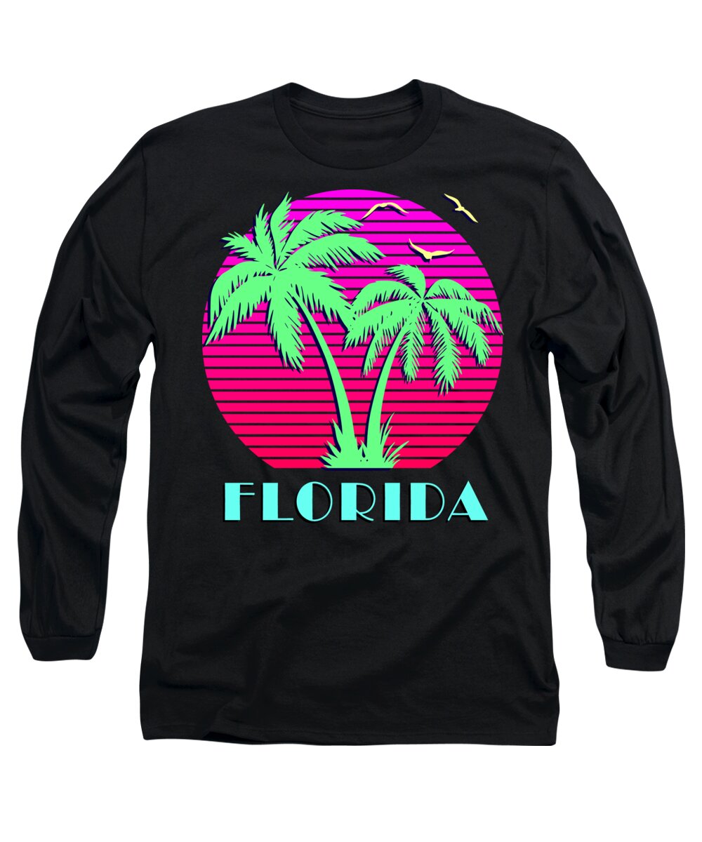 Classic Long Sleeve T-Shirt featuring the digital art Florida Retro Palm Trees Sunset by Filip Schpindel