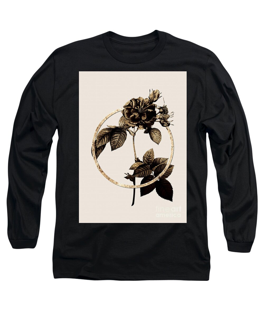 Vintage Long Sleeve T-Shirt featuring the painting Gold Ring Pink Francfort Rose Botanical Illustration Black and Gold n.0384 by Holy Rock Design