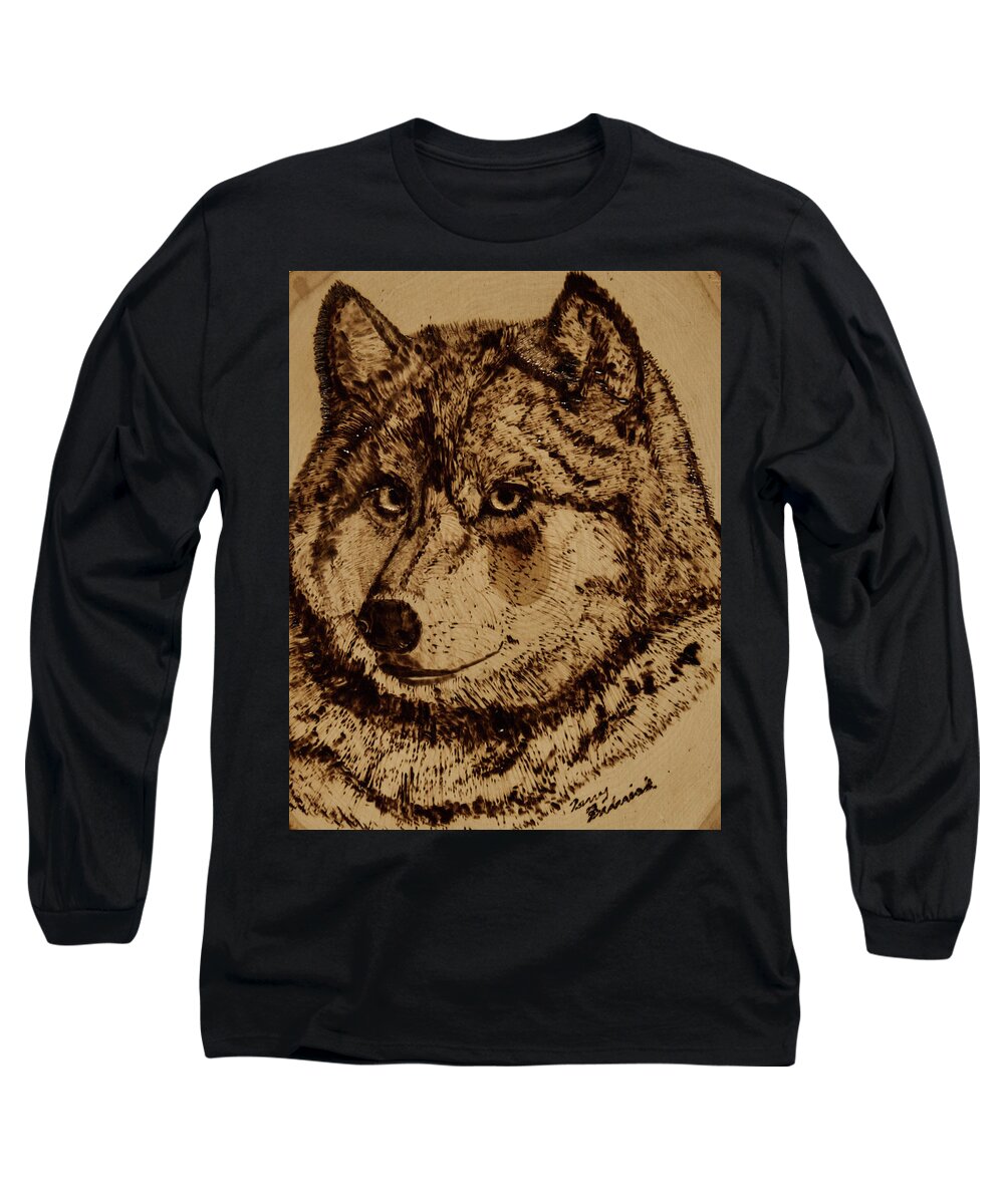 Gray Wolf Long Sleeve T-Shirt featuring the pyrography Gray Wolf by Terry Frederick