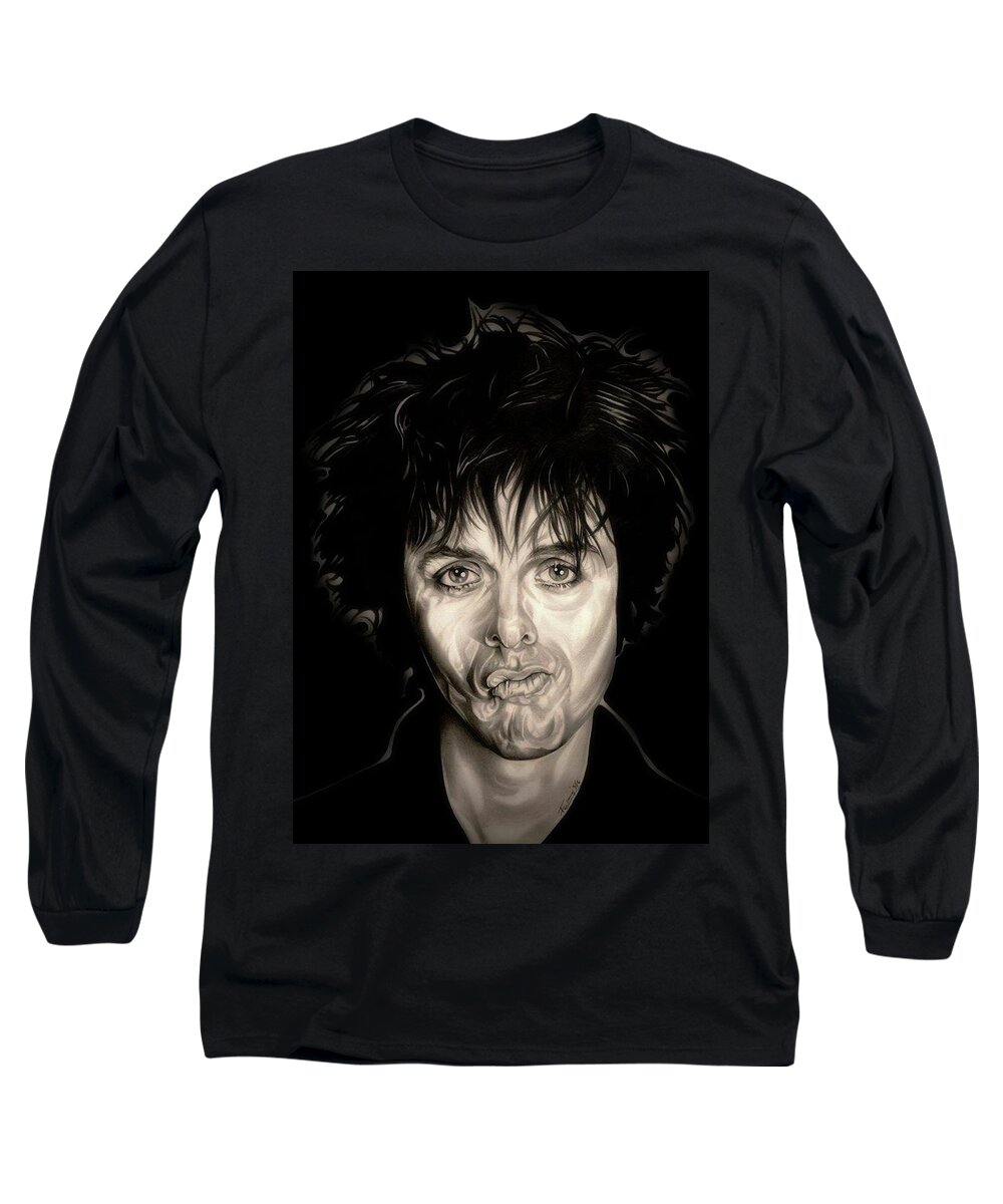 Billy Joe Armstrong Long Sleeve T-Shirt featuring the drawing Green Day - Black Back Sepia Edition by Fred Larucci