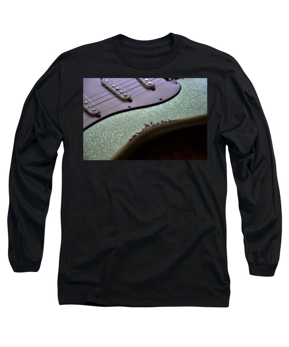Fender Long Sleeve T-Shirt featuring the photograph Green Sparkle Aged Relic Guitar in Sunlight by Guitarwacky Fine Art
