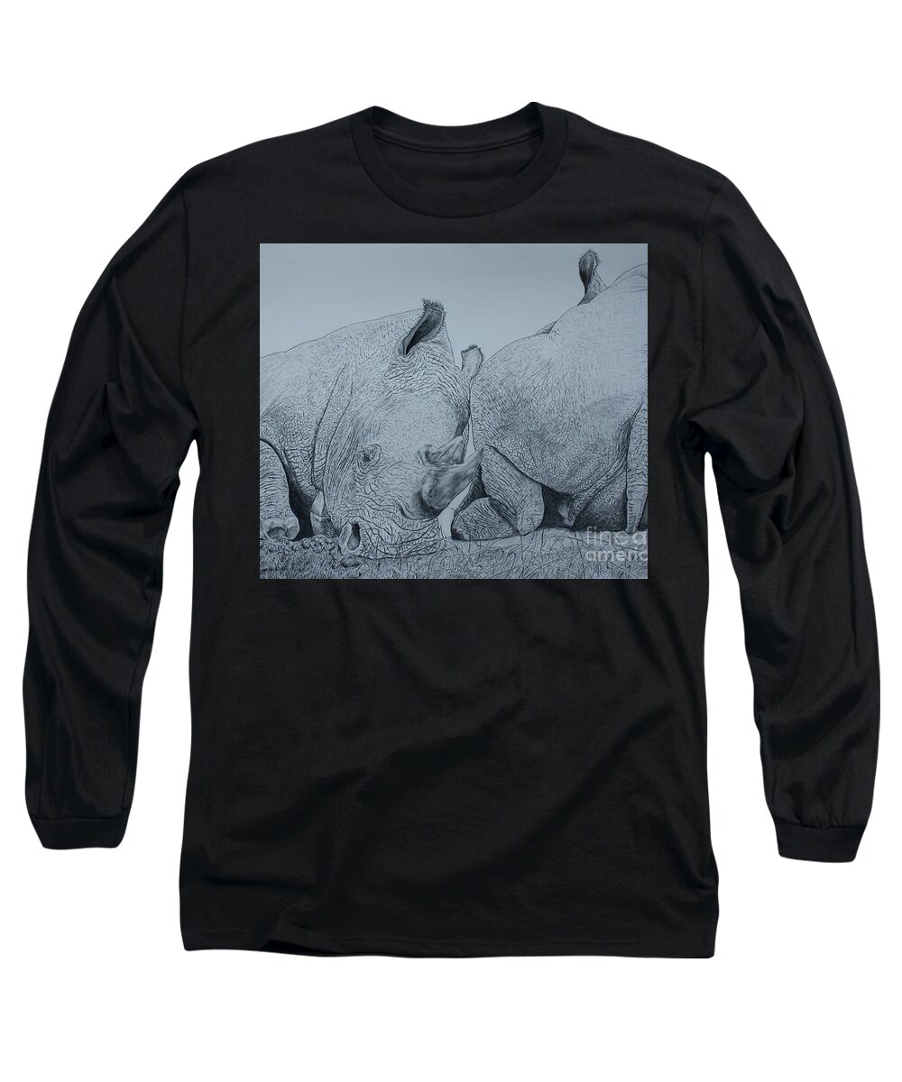 Rhinoceros Long Sleeve T-Shirt featuring the drawing Heads or Tails by David Joyner