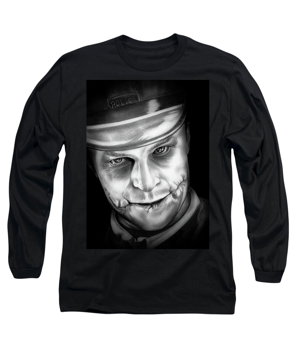 Joker Long Sleeve T-Shirt featuring the drawing Heath Ledger - Joker Unmasked - Black and White Edition by Fred Larucci