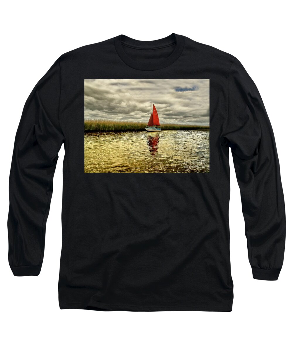 Red Blue Gold Yellow Sail Water Sailor Sailing Calm Beautiful Lake River Reeds Happy Joy Joyful Solo Single Alone Relaxing Romantic Atmospheric Solitude Clouds Colorful Color Boat Reflections Serene Solitary Tranquil Tranquillity Elements Vibrant Timeless Still Calmness Peaceful Breathtaking Mind-blowing Nature Bright Vivid Golden Patterns Surf Way Charming Relaxation Painterly Magical Sunset Dawn Delightful Serenity Cheerful Jolly Awesome Allure Seascape Simplicity Minimalism Loneliness Poetic Long Sleeve T-Shirt featuring the photograph Hundred shades of GOLD - RED SAIL IN GOLD WATERS by Tatiana Bogracheva
