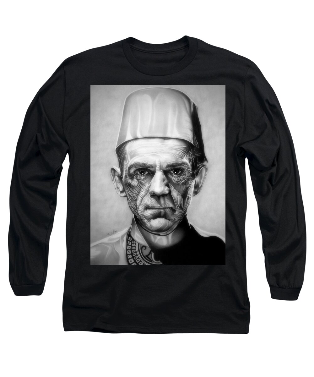 Boris Karloff Long Sleeve T-Shirt featuring the drawing Imhotep - The Mummy - BW Edition by Fred Larucci