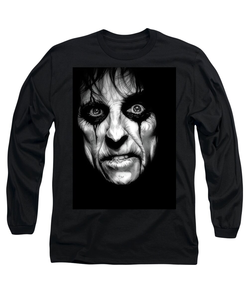 Alice Cooper Long Sleeve T-Shirt featuring the drawing Killer - Alice Cooper - Black and White Edition by Fred Larucci