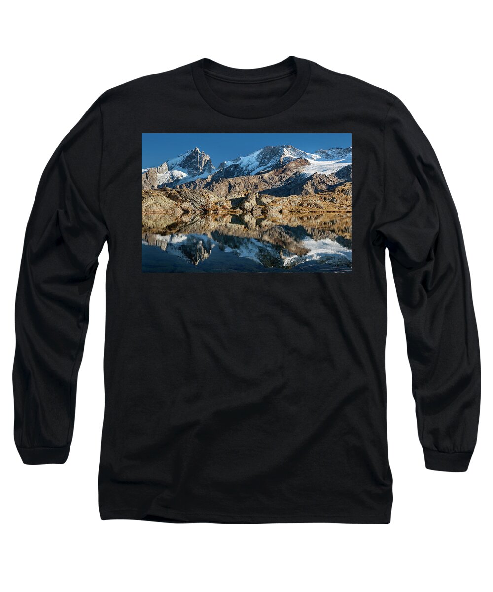 Lake Long Sleeve T-Shirt featuring the photograph La Meije peak mirrored in Lake Lerie by Olivier Parent