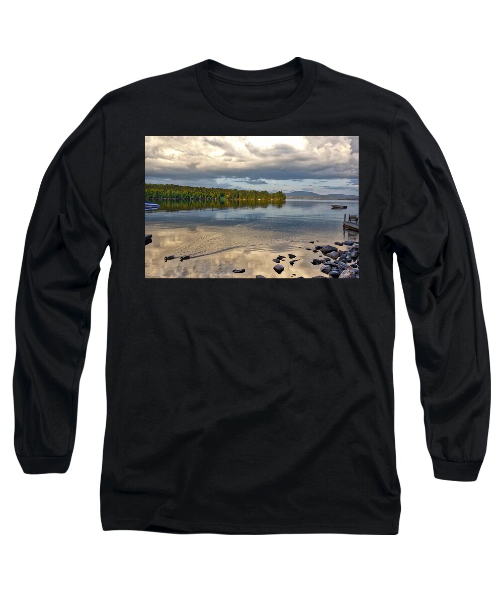 Lake Long Sleeve T-Shirt featuring the photograph Late Day Lake Reflections of Ducks and Clouds by Russel Considine