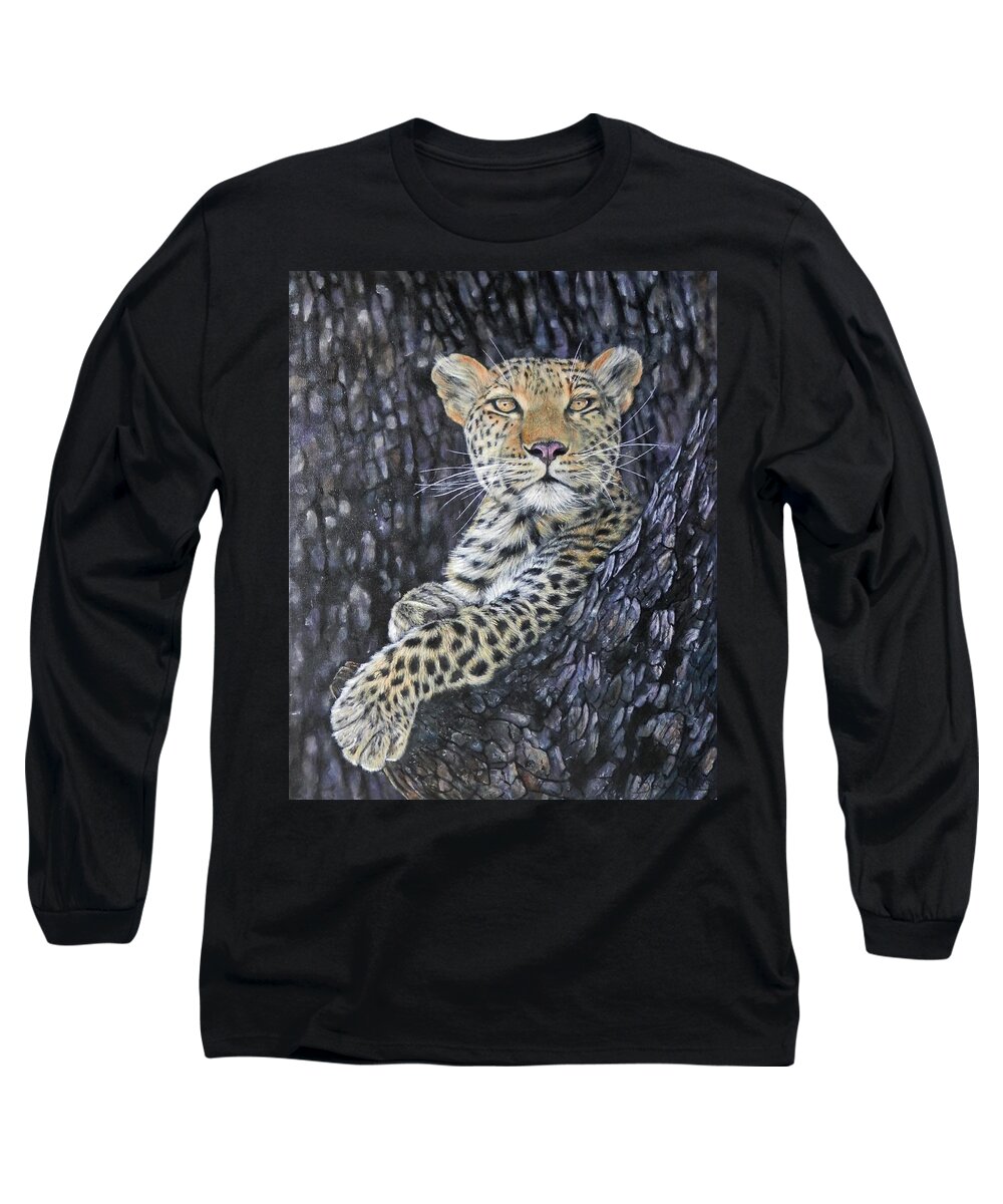 Leopard Long Sleeve T-Shirt featuring the painting Leopard Lookout by John Neeve