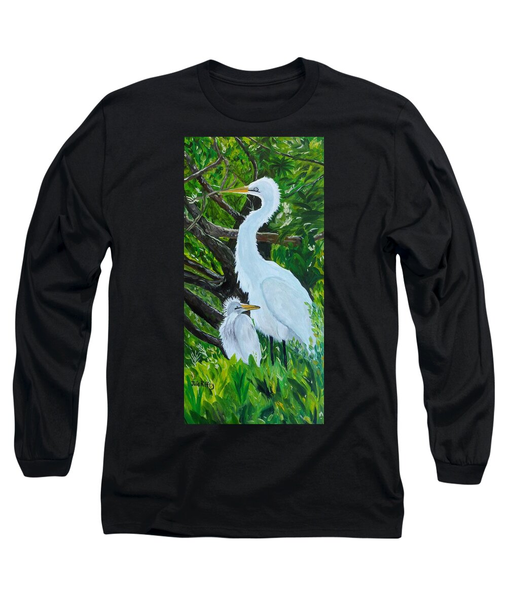 Egret Long Sleeve T-Shirt featuring the painting Life Goes On - White Egret by Julie Brugh Riffey