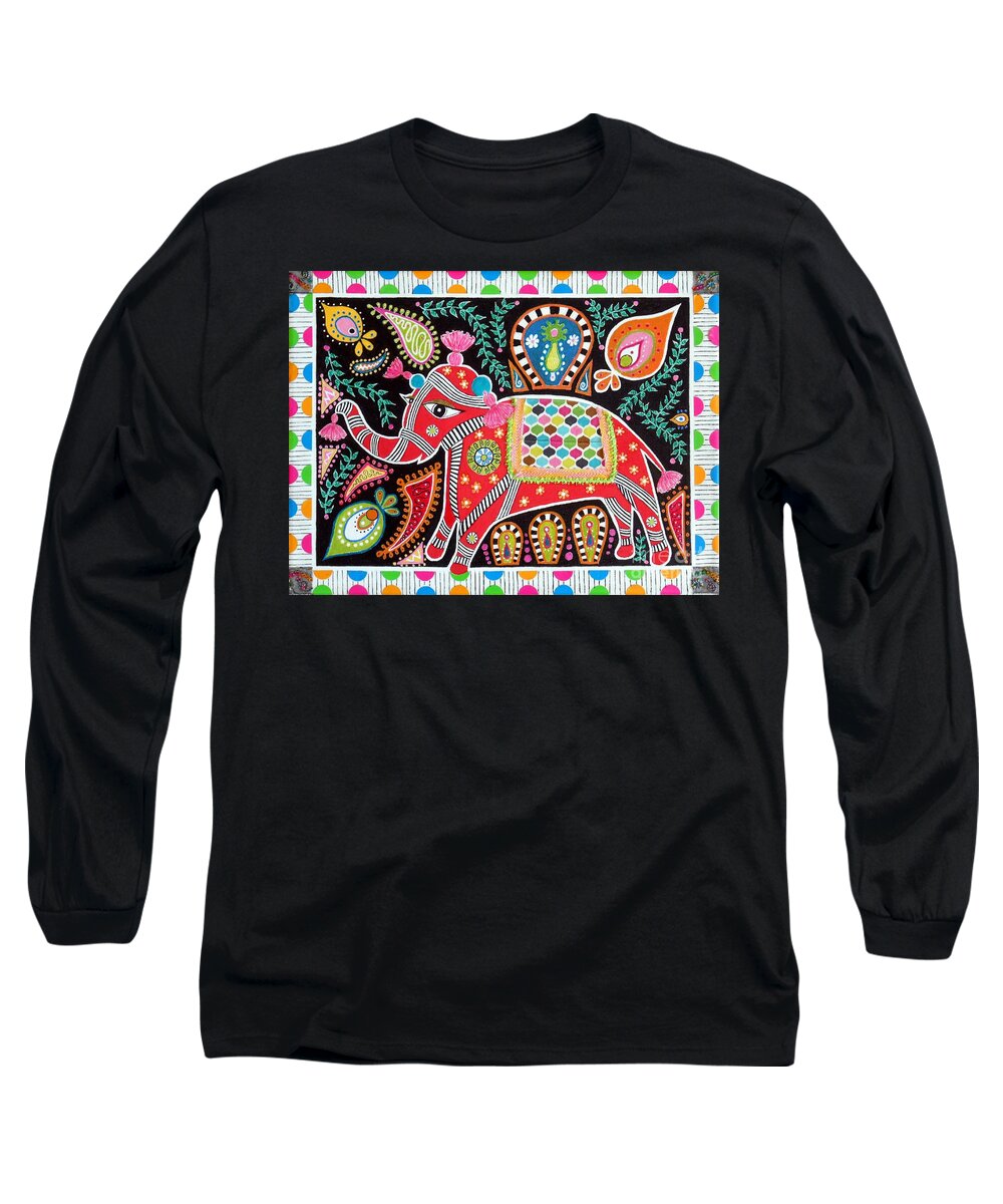 Madhubani Long Sleeve T-Shirt featuring the mixed media Madhubani Elephant by Jayne Somogy