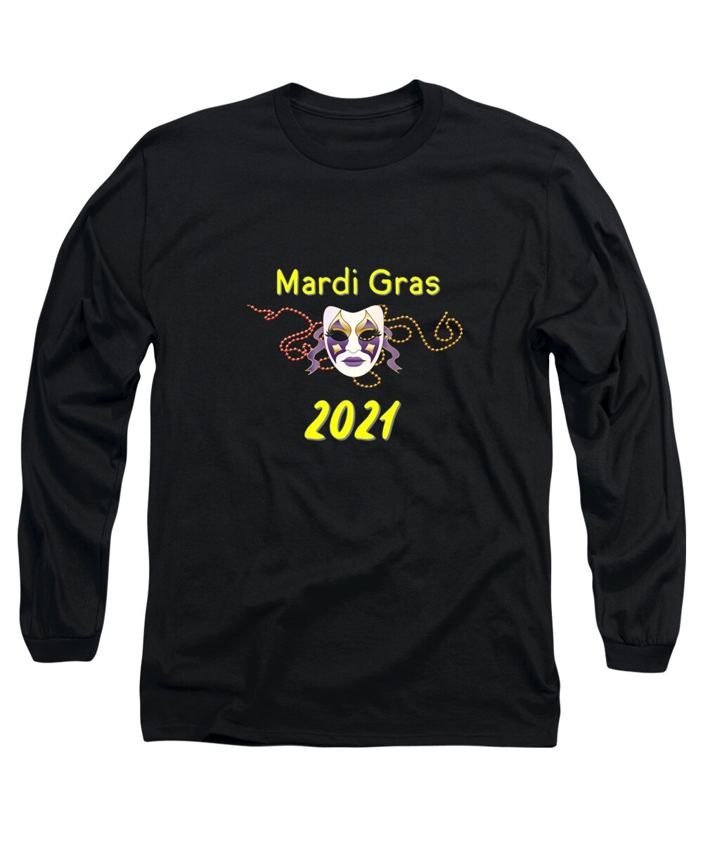 Mardi Gras Long Sleeve T-Shirt featuring the digital art Mardi Gras 2021 with Yellow Lettering by Ali Baucom