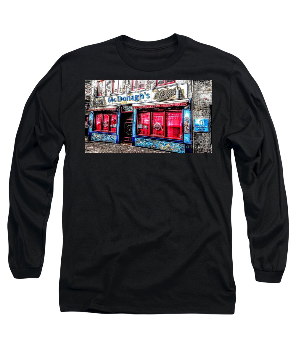 Irish Art Long Sleeve T-Shirt featuring the painting paintings of Mcdonaghs fish restaurant Galway by Mary Cahalan Lee - aka PIXI