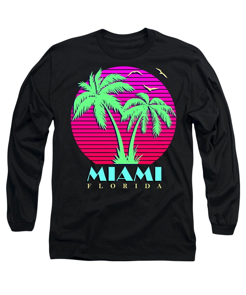 Classic Long Sleeve T-Shirt featuring the digital art Miami Florida California Retro Palm Trees Sunset by Filip Schpindel