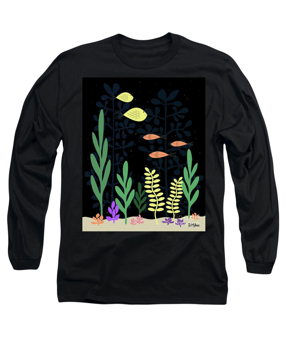 Mid Century Fish Long Sleeve T-Shirt featuring the digital art Mid Century Aquarium Black by Donna Mibus