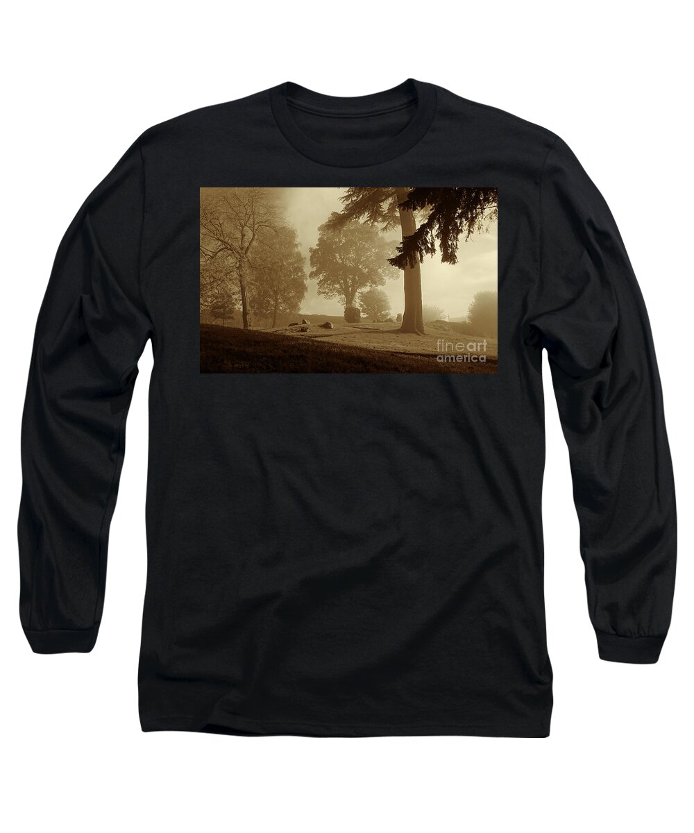 Old Town Long Sleeve T-Shirt featuring the photograph Morning mist clearing, Stirling, sepia by Paul Boizot