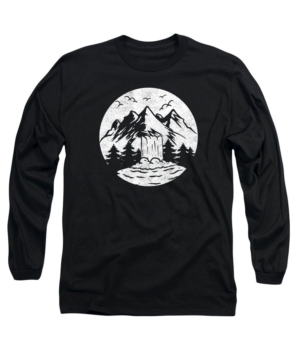 Nature Long Sleeve T-Shirt featuring the digital art Nature Lover Mountains Forest Waterfall Hiking Hiker Adventure by Toms Tee Store
