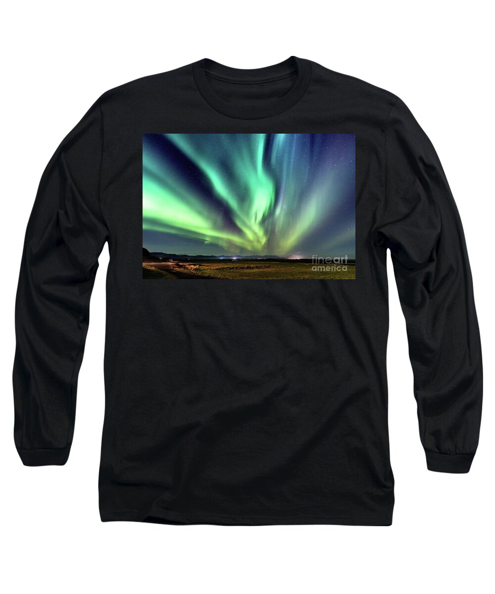 Iceland Long Sleeve T-Shirt featuring the photograph Northern lights, Aurora Borealis in the night sky, Iceland. Thes by Jane Rix