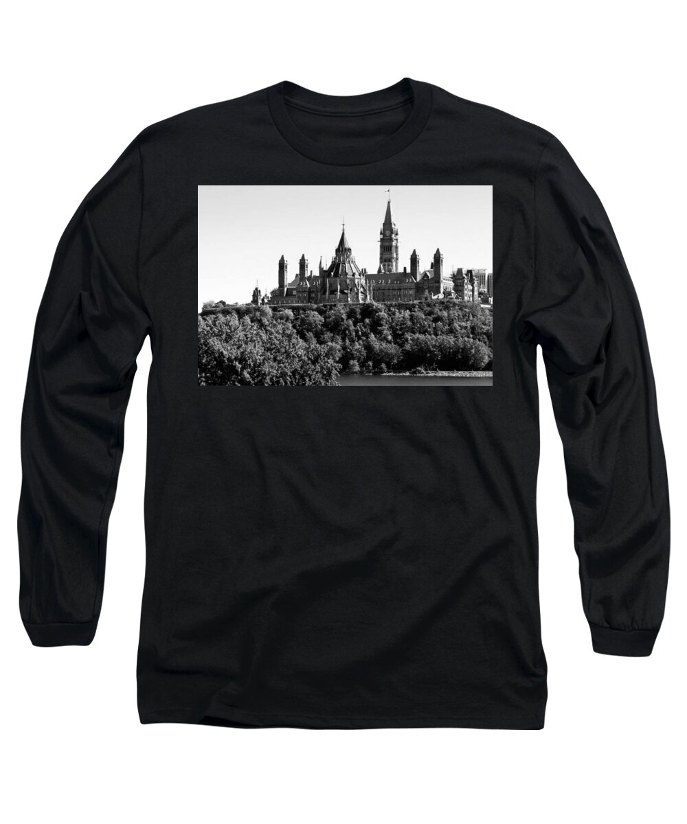 All Long Sleeve T-Shirt featuring the digital art Parliament Hill Ottawa in Canada Black and White KN65 by Art Inspirity