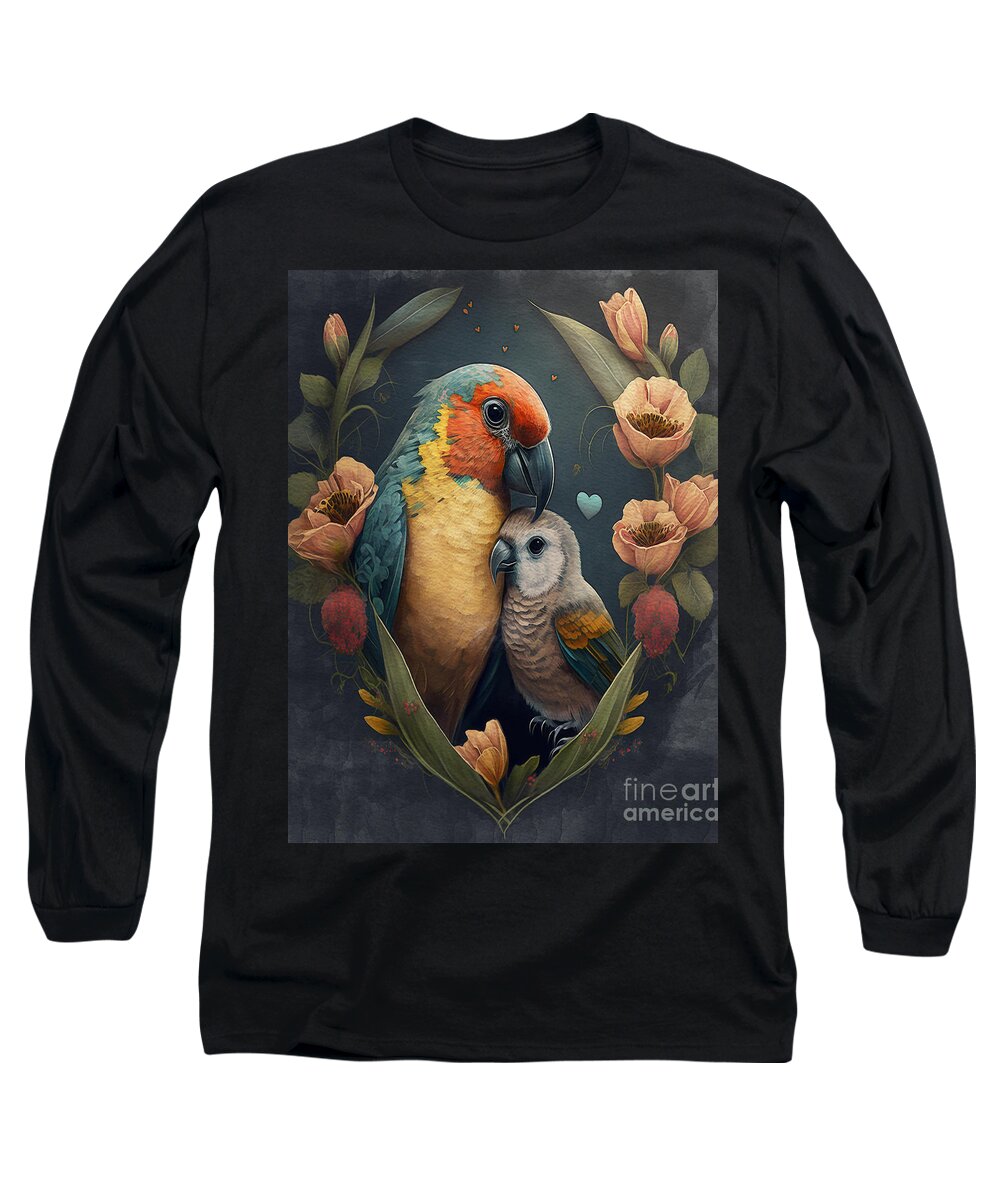Flowers Long Sleeve T-Shirt featuring the digital art Parrot Mother And Son by Eva Jayden