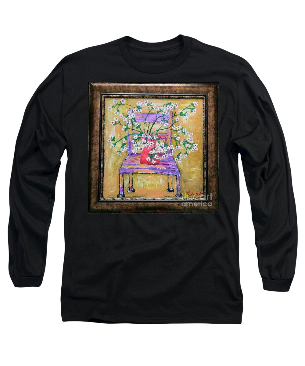  Long Sleeve T-Shirt featuring the painting Periwinkles in Vase on Chair by Mark SanSouci